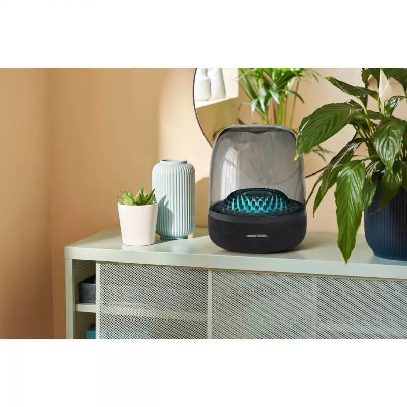 Belaidis nešiojamas garsiakalbis Harman/Kardon Aura Studio 4 — 100 W, 3 tvarkyklės, 45–20000 Hz, juodas/skaidrus
