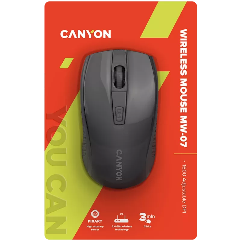 Belaidė pelė CANYON MW-7, 2.4 GHz, 6 mygtukai, DPI 800/1200/1600, su 1 AA baterija, juoda
