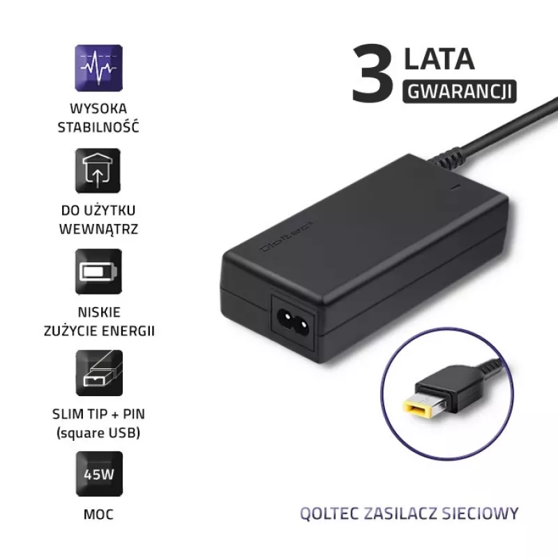 Qoltec 45W nešiojamojo kompiuterio maitinimo adapteris Lenovo 20V 2,25A Slimtip + kaištis 50098