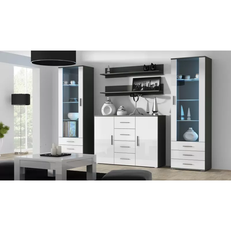 Sideboard Cama Meble UNI pilkos/baltos spalvos blizgesys, 2 durys, 2 lentynos, 1320×380×920 mm