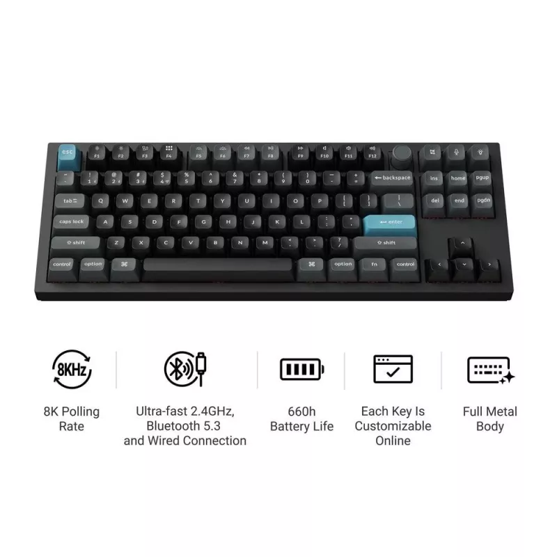Mechaninė klaviatūra Keychron Q3 Ultra 8K — 80 % QWERTY, laidinis ir belaidis, RGB, juoda