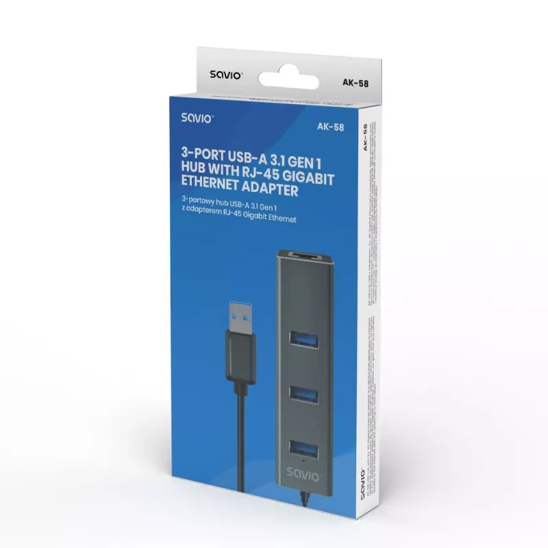 SAVIO USB-A stotelė su RJ-45 Gigabit Ethernet AK-57 — 3× USB-A + RJ-45, USB 3.2 Gen 1 Micro‑B pagrindinis, 5 Gbit/s, 4 prievadai, pilka