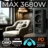 Maitinimo skirstytuvas MACLEAN MCE248 F/B – 3 AC lizdai (1x16A, 2x6A) ir 4 USB prievadai (2xUSB‑A, 2xUSB‑C PD 20W), EU kištukas, juodas