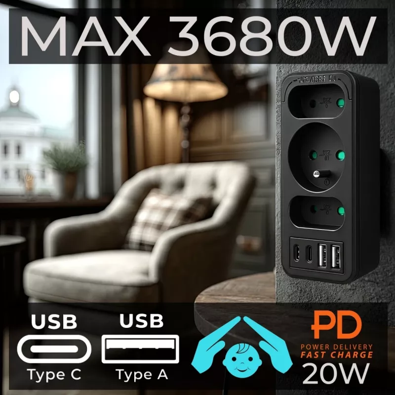 Maitinimo skirstytuvas MACLEAN MCE248 F/B – 3 AC lizdai (1x16A, 2x6A) ir 4 USB prievadai (2xUSB‑A, 2xUSB‑C PD 20W), EU kištukas, juodas