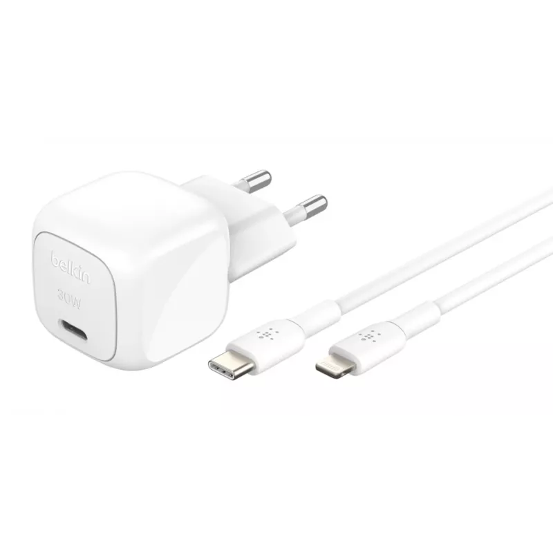 30W USB-C įkroviklis Belkin WCA008KQ1MWH-B5 PD PPS, kompaktiškas maitinimo adapteris telefonams ir planšetėms