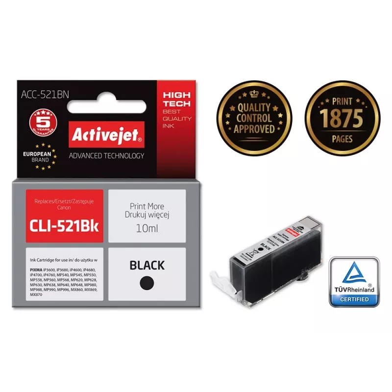 Activejet ACC-521BN kasetė rašalui (Canon CLI-521Bk pakaitalas; Supreme; 10 ml; juoda)