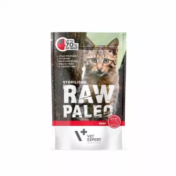 Šlapias kačių ėdalas VETEXPERT RAW PALEO Adult Sterilised Beef 100 g pakelis, monoproteininis, 78% drėgmės