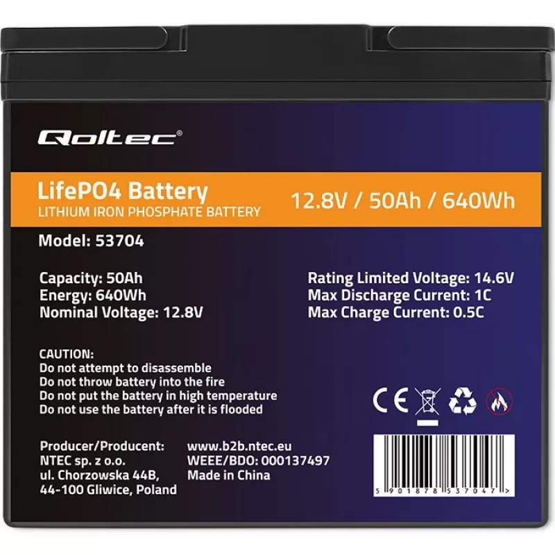 LiFePO4 akumuliatorius QOLTEC 12.8V 50Ah (53704) – atsarginiam maitinimui ir energijos kaupimui