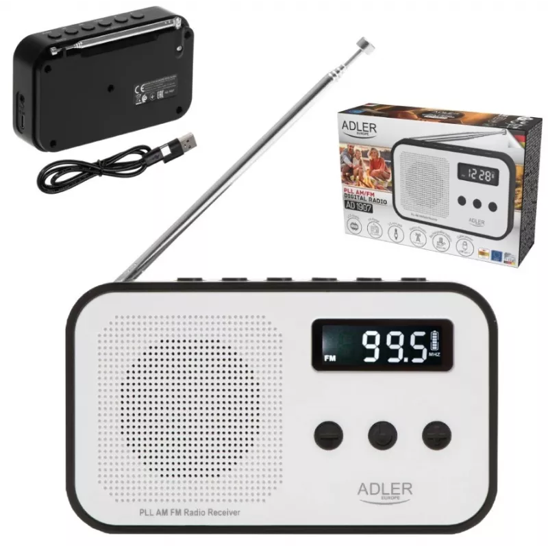 Nešiojamas skaitmeninis radijas Adler AD 1907 – AM/FM, skaitmeninis derintuvas, žadintuvas, USB-C, 600 mAh baterija, LCD, 20 stočių atmintis, teleskopinė antena