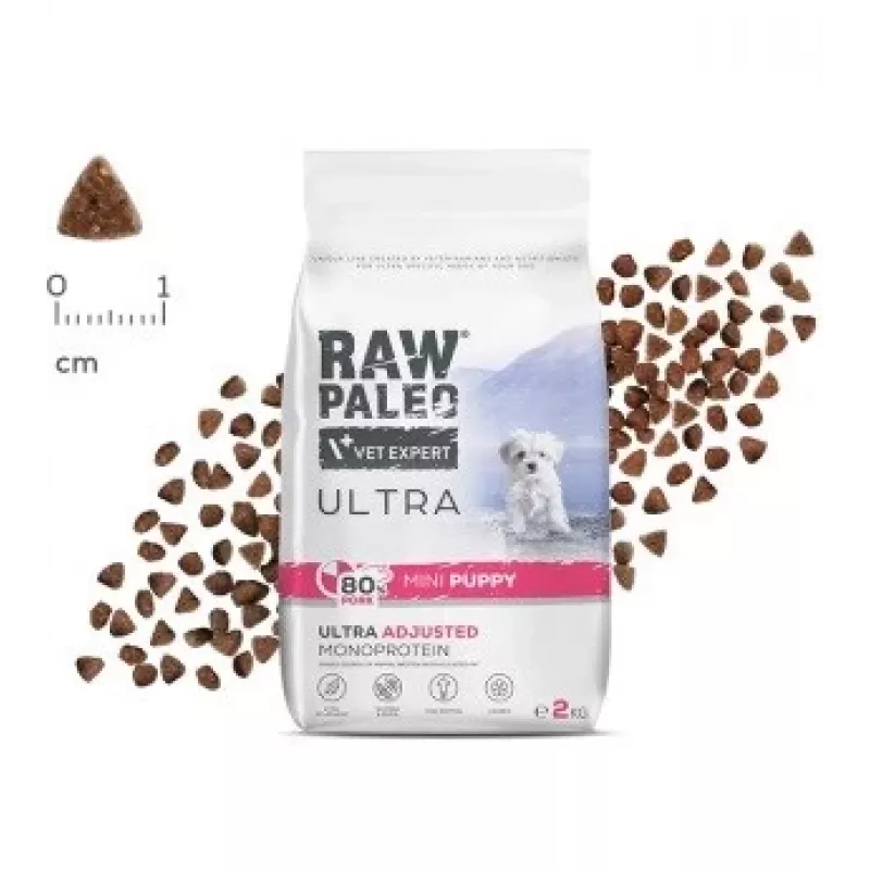Sausas šunų ėdalas VETEXPERT RAW PALEO Ultra Mini Puppy Pork 2 kg – pilnavertis pašaras mažų ir žaislinių veislių šuniukams, 33% baltymų, 19% riebalų