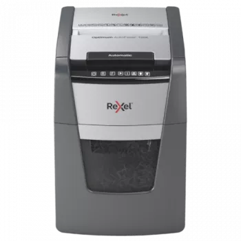 Popieriaus smulkintuvas REXEL Optimum AutoFeed+ 100X — automatinis 100 lapų, kryžminis pjovimas 4 x 28 mm, 34 L krepšelis, aliuminis