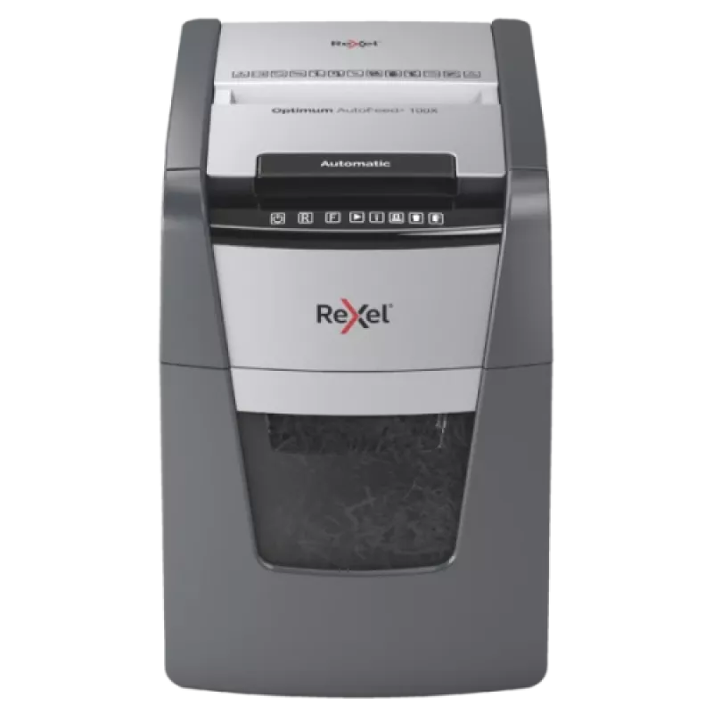 Popieriaus smulkintuvas REXEL Optimum AutoFeed+ 100X — automatinis 100 lapų, kryžminis pjovimas 4 x 28 mm, 34 L krepšelis, aliuminis