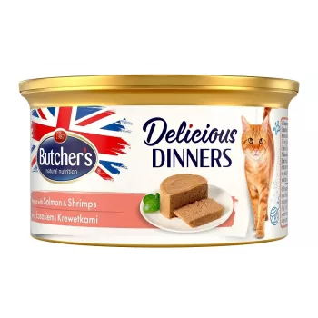 Šlapias kačių ėdalas Butcher's Mousse Delicious Dinners su lašiša ir krevetėmis 85 g