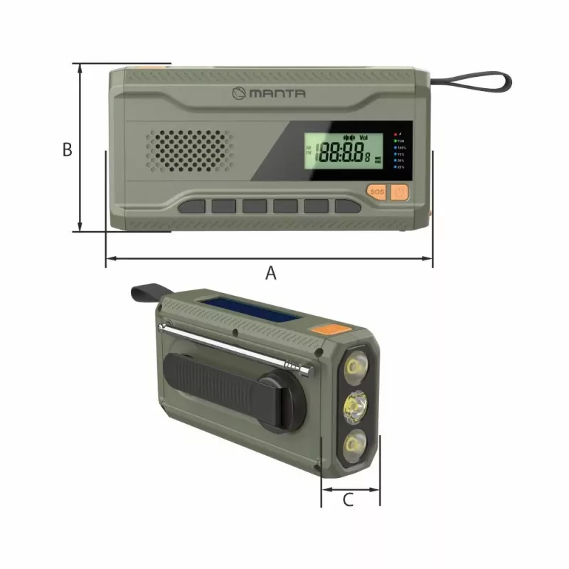 Nešiojamas FM radijas MANTA RDI401G su saulės baterija, dinaminiu sukimu, 4000–4500 mAh baterija, 5V USB išėjimu, 3W, žibintuvėliu