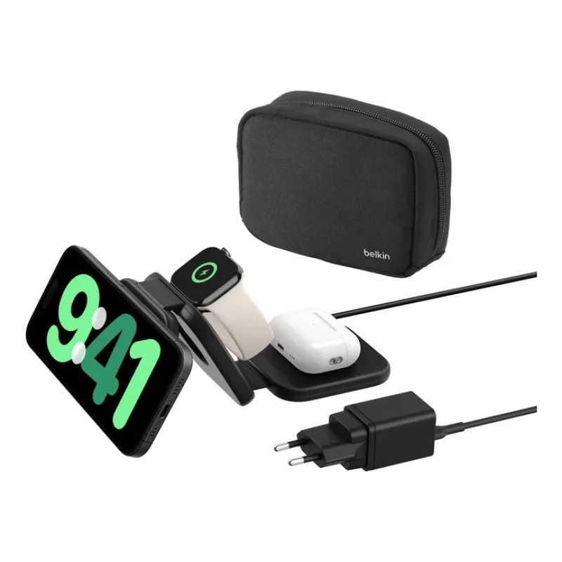 Belkin BoostCharge Pro Qi2 3 viename sulankstomas magnetinis belaidis kelioninis įkroviklis, juodas, 15 W