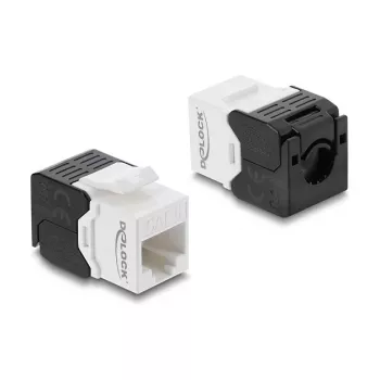 Keystone modulis DELOCK RJ45 į LSA Cat.6 UTP, beįrankis, plokščios konstrukcijos, 16,2×28,2×19,4 mm, juoda/balta