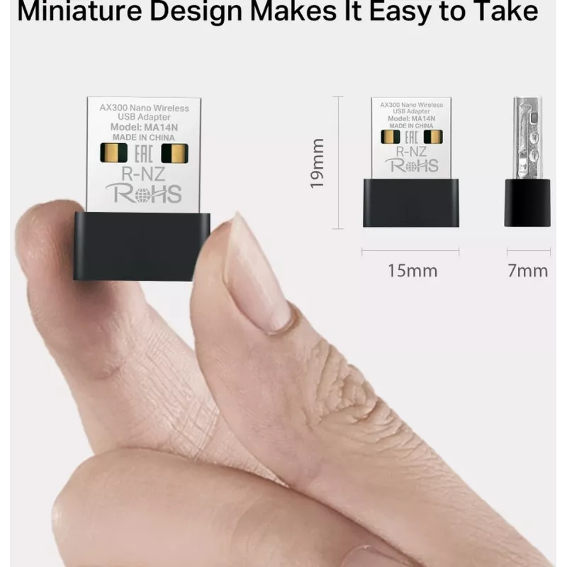 USB Wi-Fi adapteris MERCUSYS MA14N — USB Type‑A, 2.4 GHz vienos juostos, iki 287 Mb/s, juodas