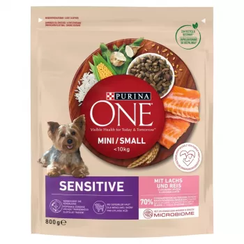Sausas šunų ėdalas Purina Nestlé One Mini/Small Sensitive Salmon & Rice 800 g – mažiems šunims (5–10 kg), senjorams, 27% baltymų, 17% riebalų