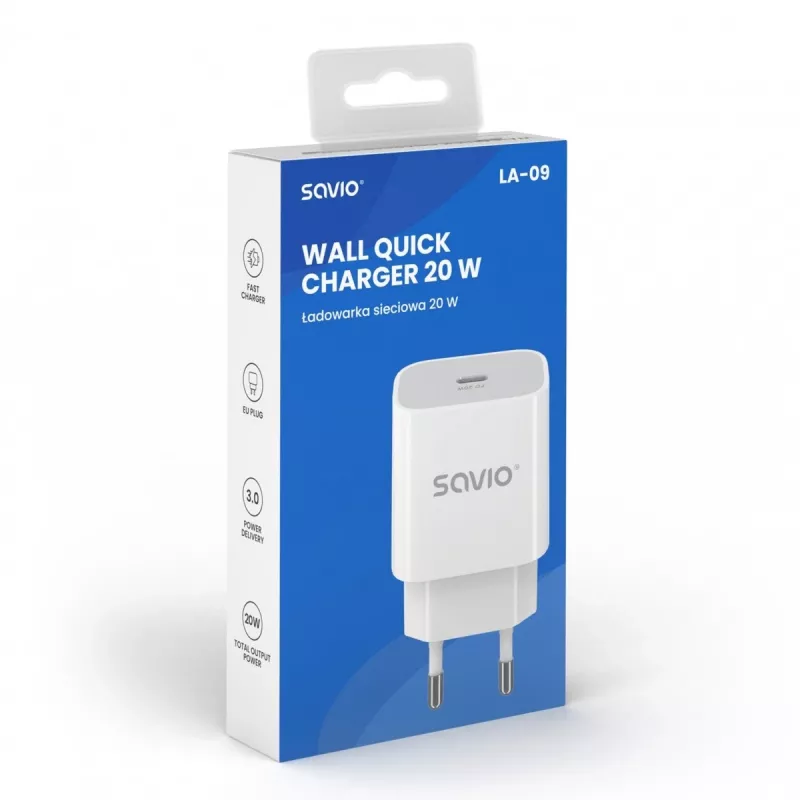 Sieninis įkroviklis 20W LA-09 USB-C QC, PD 3.0 Savio SAVLA-09