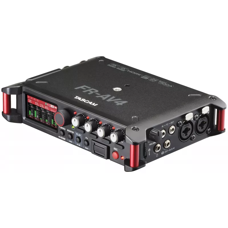 Nešiojamas garso įrašytuvas Tascam FR-AV4 — 6 kanalų, 4 XLR kombinuotos + 2x 3,5 mm, 24/32 bitų, 48/96/192 kHz, „MicroSD“ iki 512 GB, USB-C, PD