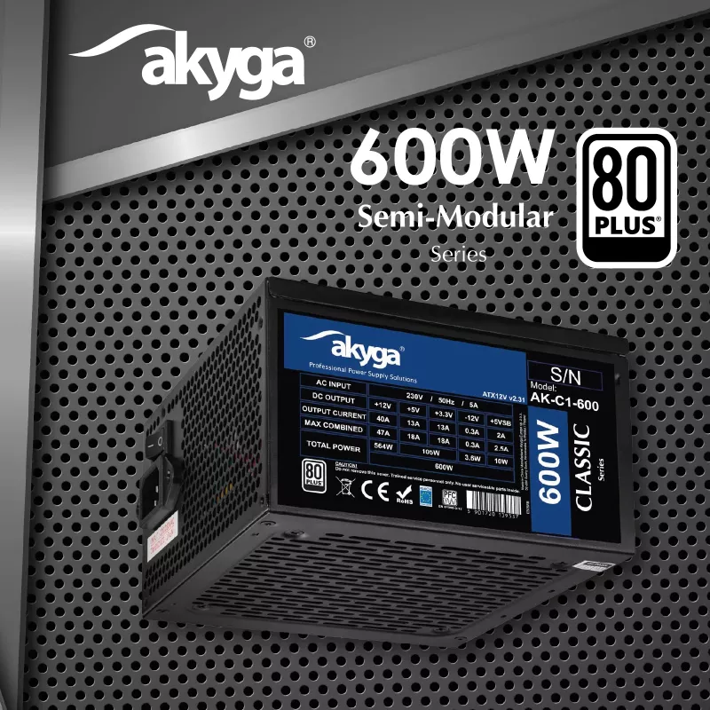 Akyga Classic AK-C1-600 ATX maitinimo blokas 600 W, 80 PLUS, aktyvus PFC, 120 mm ventiliatorius