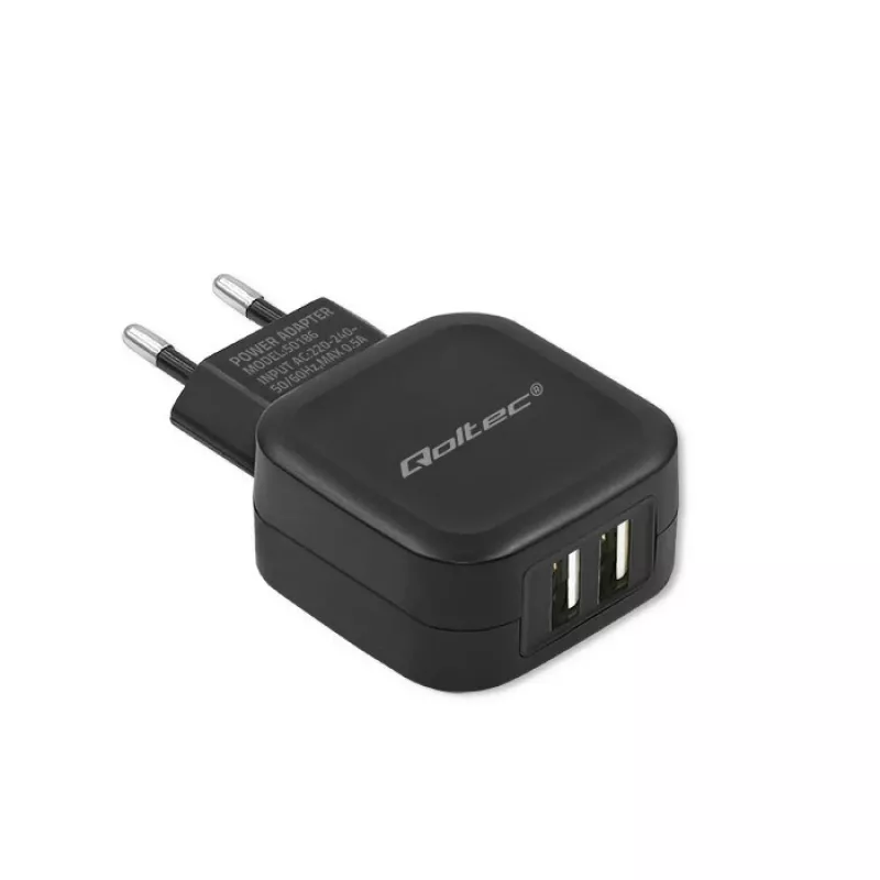 Vidinis AC įkroviklis QOLTEC 50186 išmaniajam telefonui ir planšetei, 5 V 3,4 A, 17 W, 2× USB, juodas