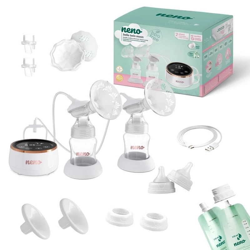 Elektrinis dvigubas pientraukis neno Bella Twin Moon – belaidis, dviejų fazių, LCD, 150 ml buteliukai, perlamutrinis