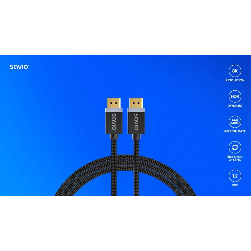 DisplayPort kabelis SAVIO CL-166 2 m Juodas — DisplayPort 1.4, vyriškas-kištukas, paauksuoti kontaktai