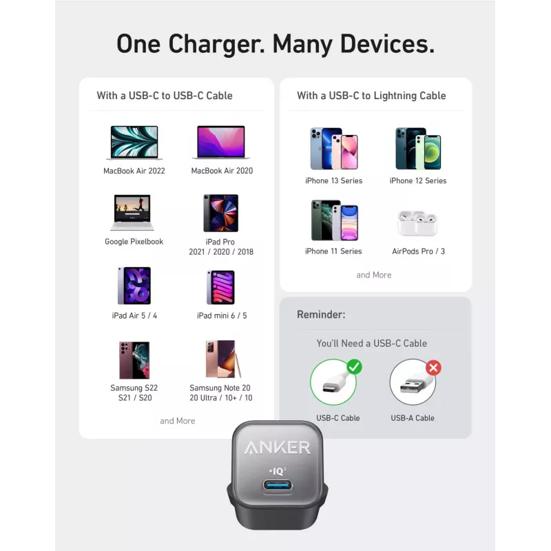 Anker 511 įkroviklis (Nano 3), 30 W, 1x USB-C, baltas