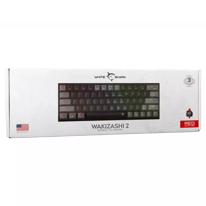 Mechaninė žaidimų klaviatūra White Shark Wakizashi WAKIZASHI-2 su US Red jungikliais, juodai pilka