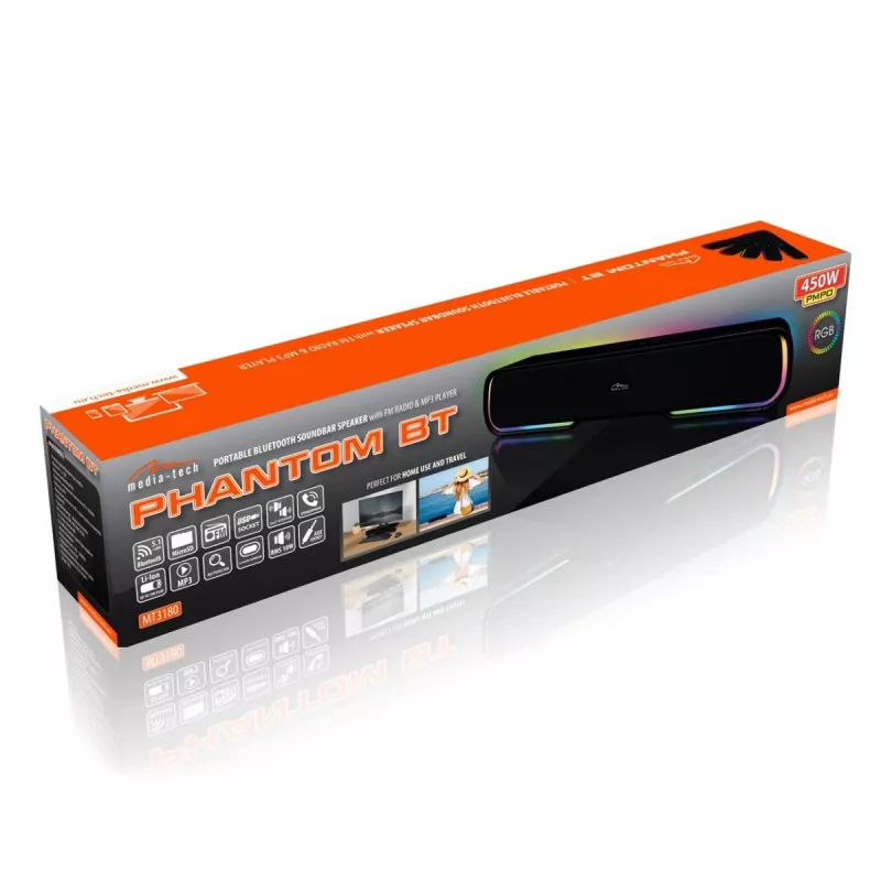 Garsiakalbių juosta MEDIA-TECH Phantom MT3180 450W RMS, 80W baterija, Bluetooth, laidinis ir belaidis, juoda