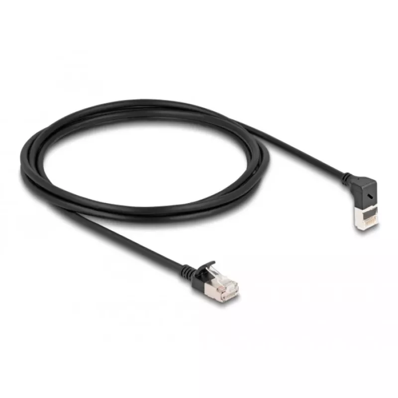 Delock tinklo kabelis RJ-45 (M) aukštyn lenktas į RJ-45 (M) tiesų – 2,0 m – 4,5 mm – S/FTP – CAT 6a – ekranuotas, be halogenų – juoda (80288)