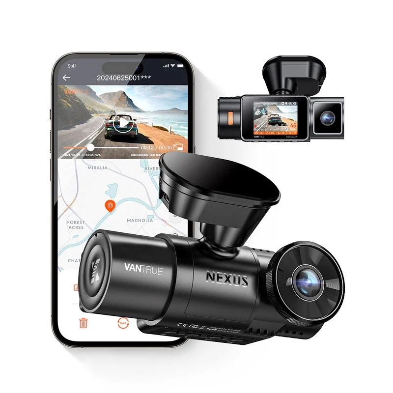 Automobilinis vaizdo registratorius VANTRUE N2X LTE — 2,7K Ultra HD, SONY STARVIS 2 IMX675 pagrindinė, 158° F/1,8, 2 kanalai, GPS, Wi‑Fi, IPS 2 colių ekranas