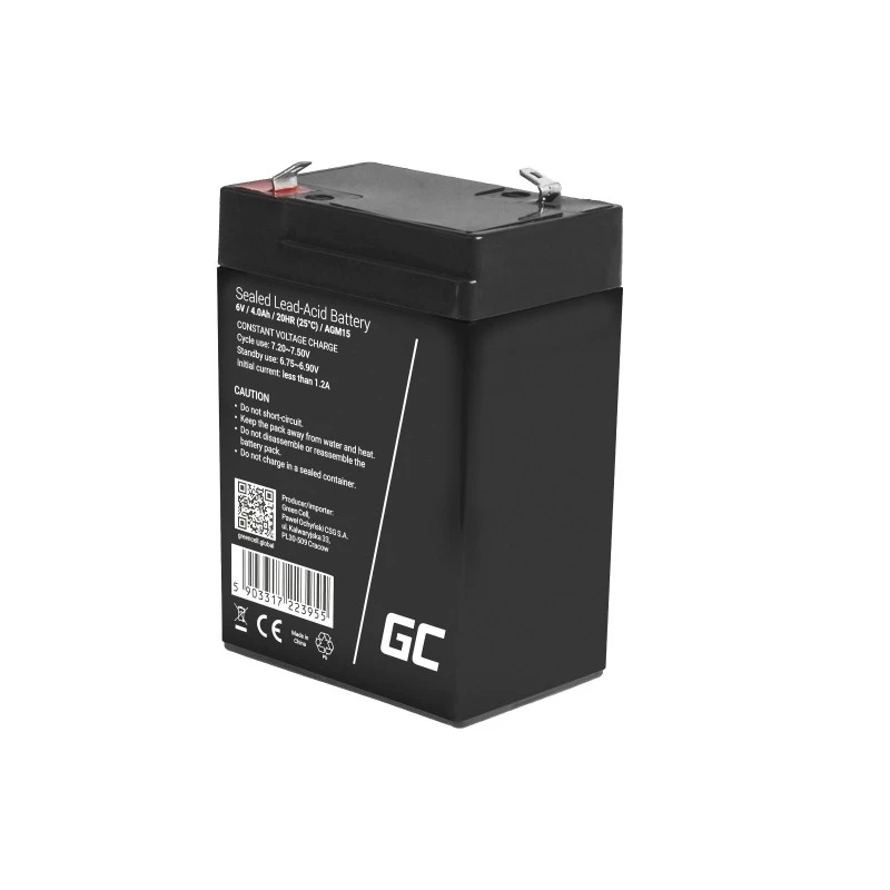UPS baterija Green Cell AGM15, 6 V, 4 Ah, sandarus švino rūgšties akumuliatorius (VRLA), juoda, 680 g