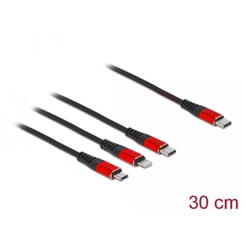 USB įkrovimo laidas DeLOCK 86710 3 in 1 USB Type-C į Lightning Micro USB 30 cm juodas raudonas
