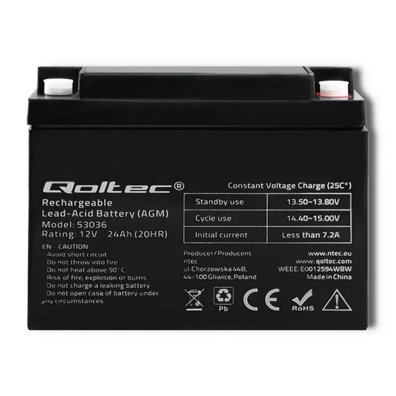 Qoltec 53036 AGM akumuliatorius | 12V | 24Ah | max 360A