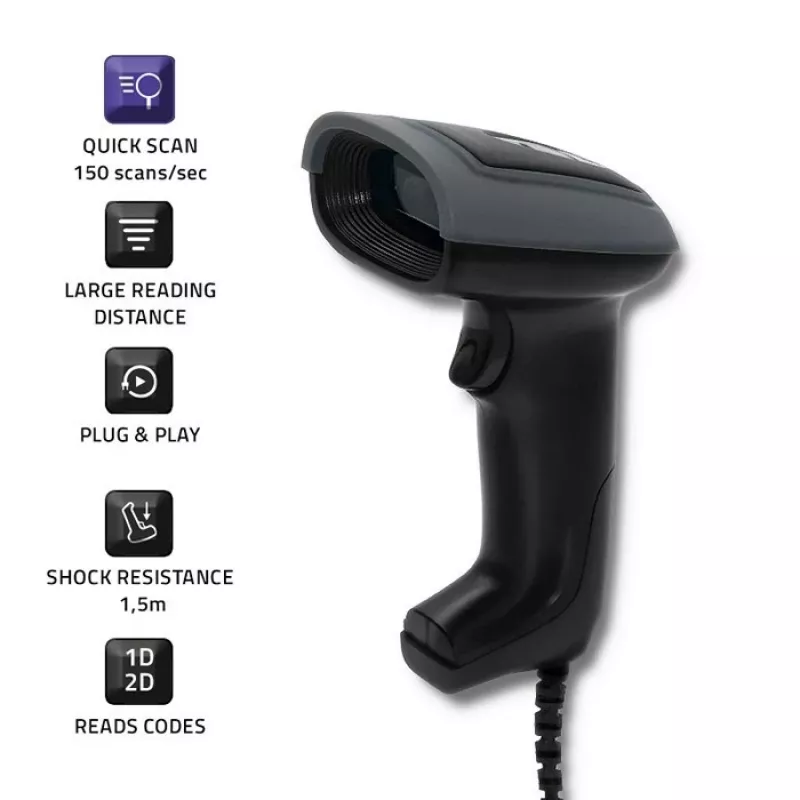 Nešiojamas brūkšninių kodų skaitytuvas QOLTEC 50863 – 1D/2D, USB, LED, juodas, 5V, 1,8 m laidas