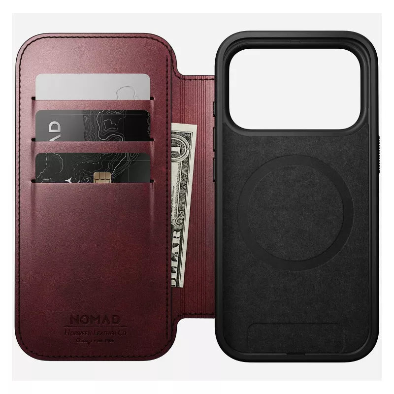Dėklas mobiliesiems telefonams Nomad Modern Leather Folio, skirtas Apple iPhone 17 Pro, 6,3 colio (16 cm), odinis, bordo spalvos