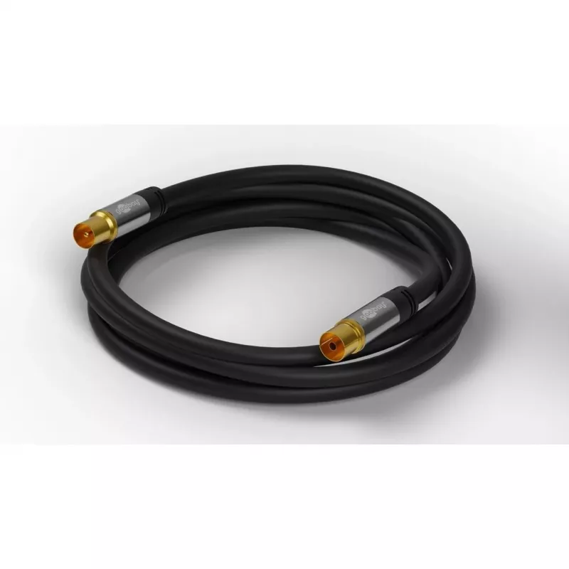 Goobay TV antenos laidas (135 dB tipas), 4 kartus ekranuotas, 2 m, juodas – auksuotas, koaksialinis lizdas > koaksialinis kištukas (70367)