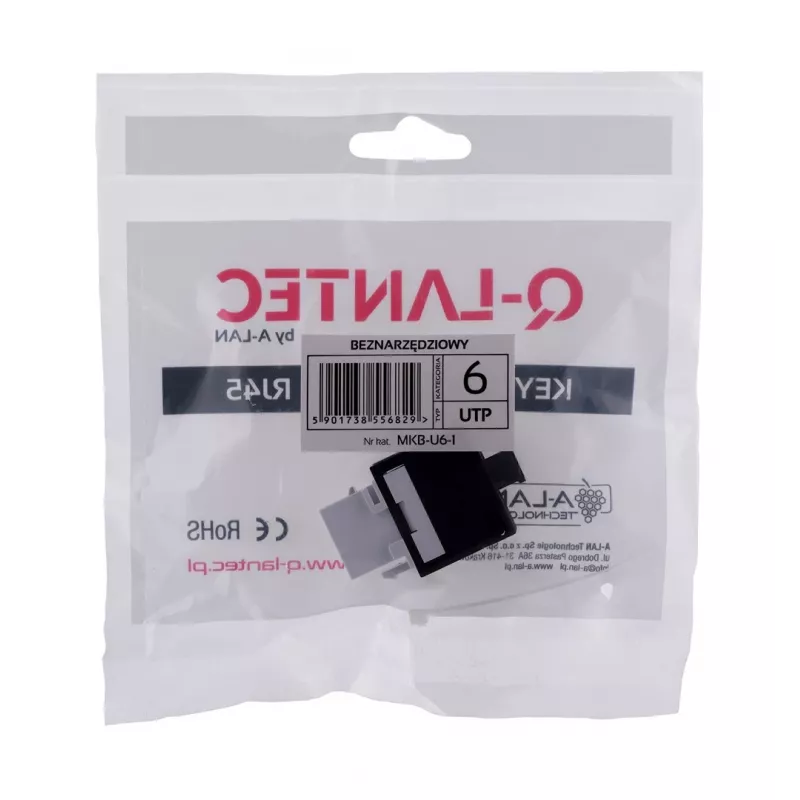 Keystone modulis A-LAN MKB-U6-1 — RJ45 U/UTP Cat6, 22/26 AWG, juodai baltas ABS korpusas