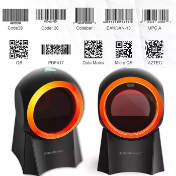 Stalinis brūkšninių kodų skaitytuvas QOLTEC 50857 — 1D/2D, USB, ABS korpusas, juodas, 1,75 m laidas