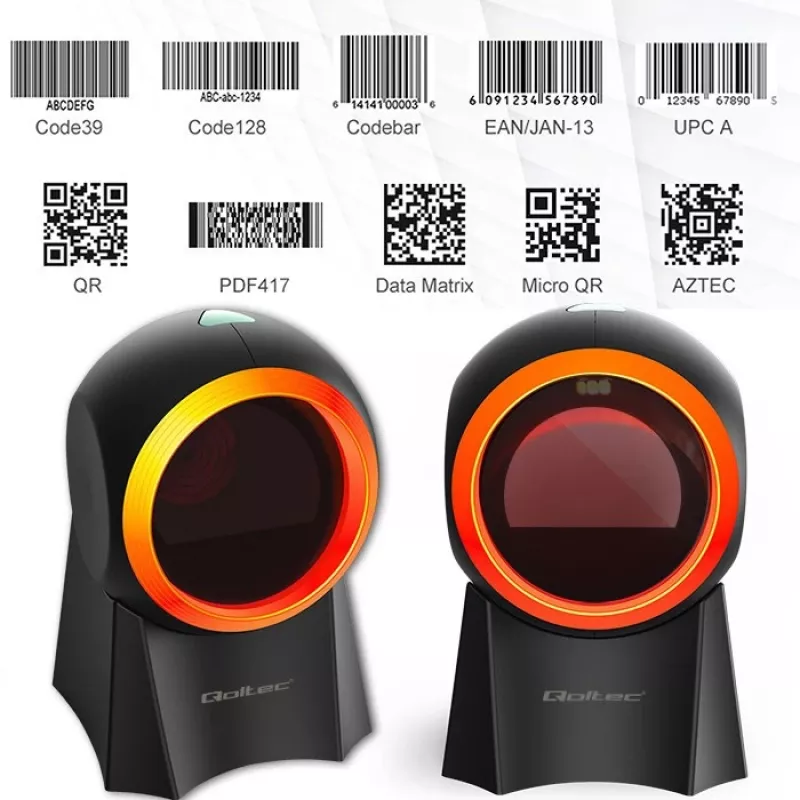 Stalinis brūkšninių kodų skaitytuvas QOLTEC 50857 — 1D/2D, USB, ABS korpusas, juodas, 1,75 m laidas