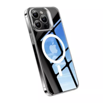 Dėklas telefonui Torras UPRO Lstand Clear-Mag, skirtas iPhone 15 — permatomas, su MagSafe, L-kojytės dizainas