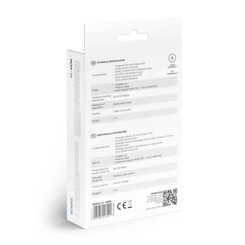 Savio CL-40/M HDMI (M) - micro HDMI (M) laidas su Ethernet, 2m, Juodas