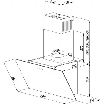Sieninis gartraukis MAAN Vertical Glass 60 Black, stiklas/plienas, 595 mm, 135–320 m³/h, elektroninis valdymas