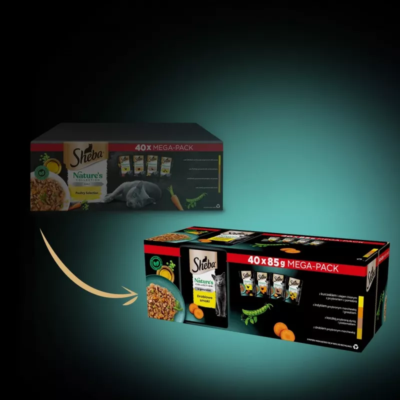 SHEBA Nature's Collection Paukštienos skoniai drebučiuose – šlapias kačių ėdalas – 40 x 85 g