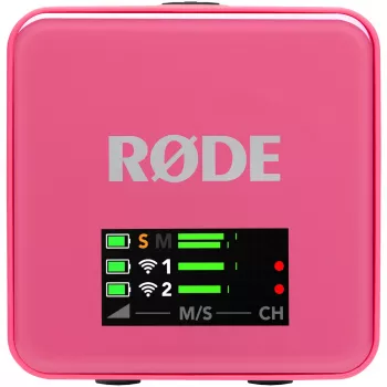 Belaidis mikrofonas RODE Wireless GO III Pink — kompaktiška dviejų kanalų siųstuvų ir imtuvo sistema