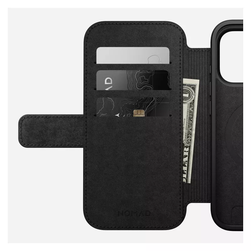 Nomad Modern Leather Folio dėklas su odiniu viršeliu iPhone 17 Pro, 16 cm (6,3 colio), juodas, 4 kortelių kišenės