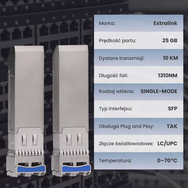 Extralink SFP28 25G 2 rinkinys | SFP28 modulis | 25Gbps, LC/UPC dupleksas, 1310nm, 10km, vienmodis, DOM tinklo siųstuvas-imtuvas