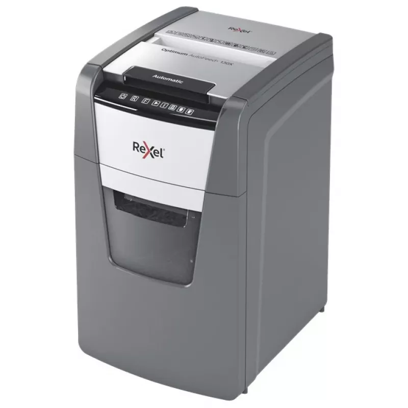 Rexel Optimum AutoFeed+ 130X popieriaus smulkintuvas, kryžminis pjovimas, 55 dB, 22 cm, juodas, sidabrinis